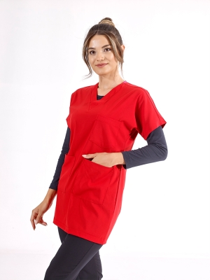 Kırmızı Greys Tunik Boy Tesettür Doktor Hemşire Medikal Forma Tek Üst Lüks Likralı Kumaş