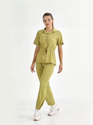 Antep Fıstığı Retro Kadın Doktor Hemşire Medikal Scrubs Takım Lüks Likralı Kumaş