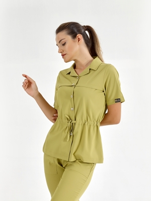 Antep Fıstığı Retro Kadın Doktor Hemşire Medikal Scrubs Takım Lüks Likralı Kumaş