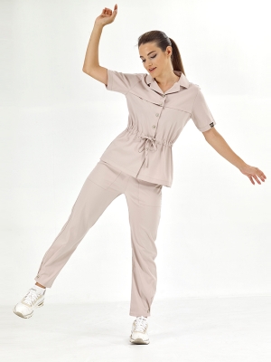 Krem Retro Kadın Doktor Hemşire Medikal Scrubs Takım Lüks Likralı Kumaş