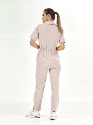 Krem Retro Kadın Doktor Hemşire Medikal Scrubs Takım Lüks Likralı Kumaş