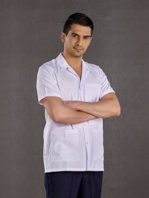 Beyaz Erkek Klasik Yaka Kısa Kol Önlük Alpaka Kumaş