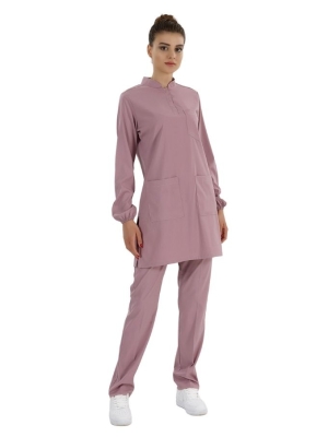 Gül Kurusu Tesettür Hakim Yaka Doktor Hemşire Medikal Scrubs Takım Lüks Likralı Kumaş