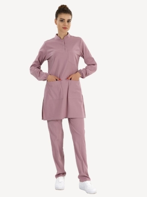 Gül Kurusu Tesettür Hakim Yaka Doktor Hemşire Medikal Scrubs Takım Lüks Likralı Kumaş