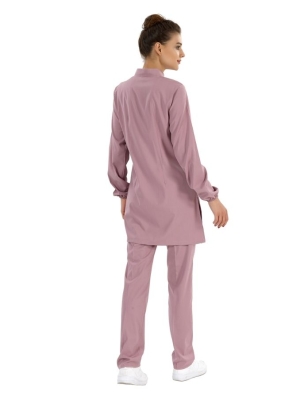 Gül Kurusu Tesettür Hakim Yaka Doktor Hemşire Medikal Scrubs Takım Lüks Likralı Kumaş