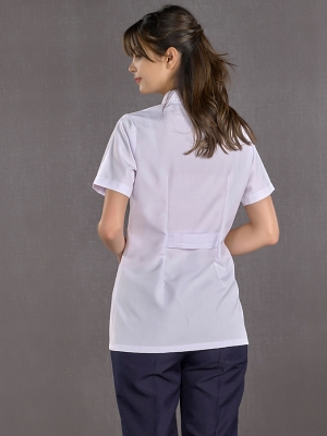 White Mandarin Collar Women's Short Sleeve Lab Coat Alpaca Fabric