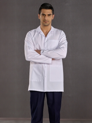 Beyaz Klasik Yaka Erkek Laboratuvar Önlüğü Alpaka Kumaş