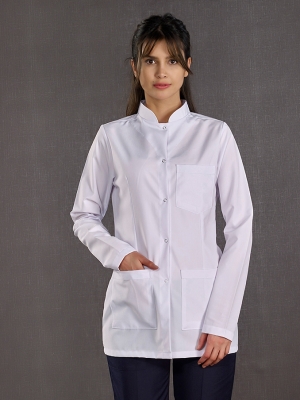 White Mandarin Collar Women's Lab Coat Alpaca Fabric