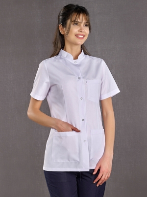 White Mandarin Collar Women's Short Sleeve Lab Coat Alpaca Fabric