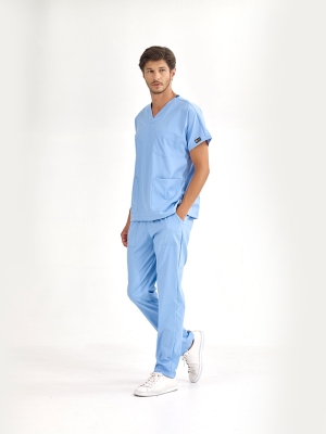 Açık Mavi Dr. Greys Doktor Hemşire Medikal Scrubs Takım Lüks Likralı Kumaş