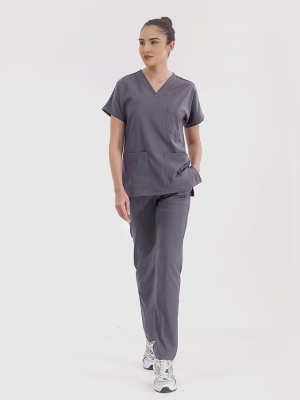 Kurşuni Gri Dr. Greys Doktor Hemşire Medikal Scrubs Takım Lüks Likralı Kumaş