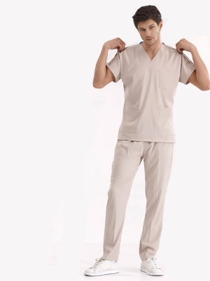 Krem Dr. Greys Doktor Hemşire Medikal Scrubs Takım Lüks Likralı Kumaş