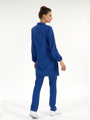 Saks Mavisi Tesettür Hakim Yaka Doktor Hemşire Medikal Scrubs Takım Lüks Likralı Kumaş