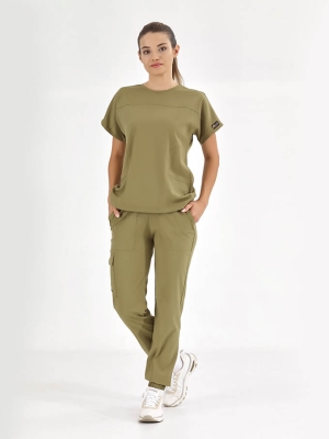 Haki Basic Doktor Hemşire Medikal Scrubs Takım Lüks Likralı Kumaş