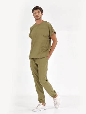 Haki Basic Doktor Hemşire Medikal Scrubs Takım Lüks Likralı Kumaş