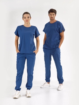 Petrol Blue Basic Doctor Nurse Medical Scrubs Set Luxury Lycra Fabric