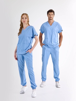 Açık Mavi Jogger Doktor Hemşire Medikal Scrubs Takım Lüks Likralı Kumaş