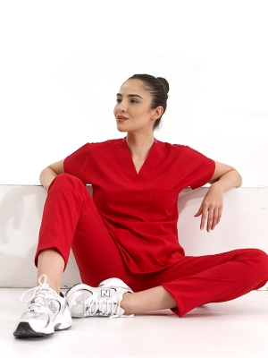 Kırmızı Dr. Greys Doktor Hemşire Medikal Scrubs Takım Lüks Likralı Kumaş