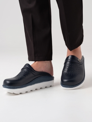 Navy Blue Women's Doctor Nurse Medical Gold Fit Genuine Leather Clogs