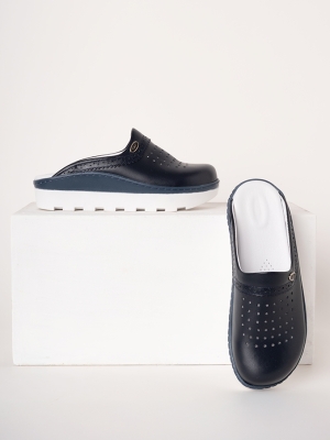 Navy Blue Women's Doctor Nurse Medical Gold Fit Genuine Leather Clogs