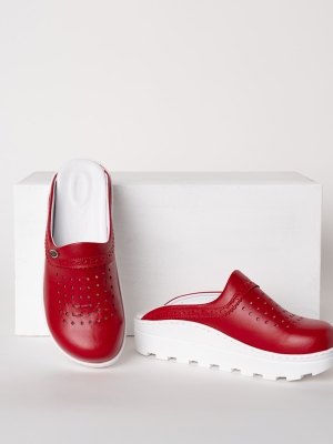 Kırmızı Kadın Doktor Hemşire Medikal Gold Fit Hakiki Deri Sabo Terlik