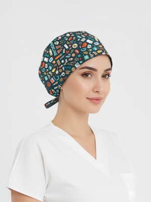 Tıp Dünyası Desenli Bone (Cotton Likra Kumaş)