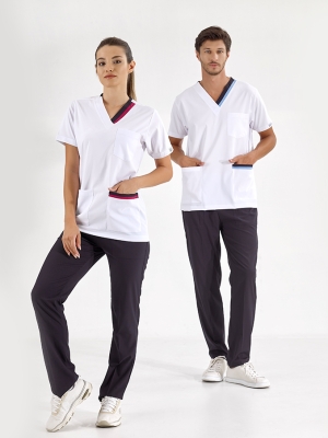 Vişne-Lacivert Çift Yakalı Doktor Hemşire Medikal Scrubs Takım Lüks Likralı Kumaş