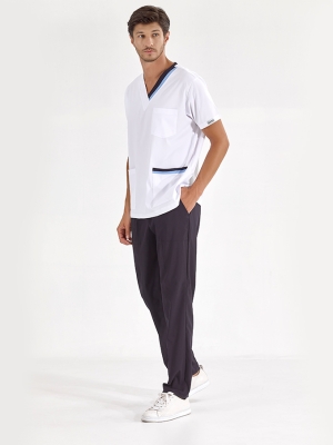 Açık Mavi-Lacivert Çift Yakalı Doktor Hemşire Medikal Scrubs Takım Lüks Likralı Kumaş