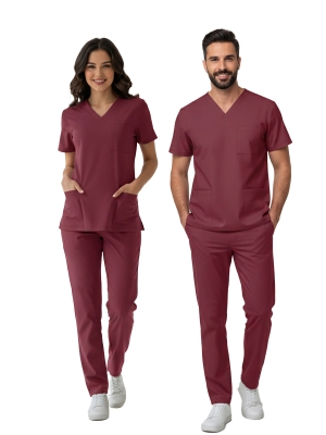 Biking Red Dr. Greys Doktor Hemşire Medikal Scrubs Takım Lüks Likralı Kumaş