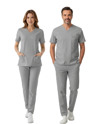 Neutral Gray Dr. Greys Doktor Hemşire Medikal Scrubs Takım Lüks Likralı Kumaş