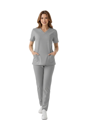 Neutral Gray Dr. Greys Doktor Hemşire Medikal Scrubs Takım Lüks Likralı Kumaş