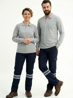 Gri Melanj Polo Yaka Uzun Kol İş Sweatshirtü Penye Lacoste Kumaş