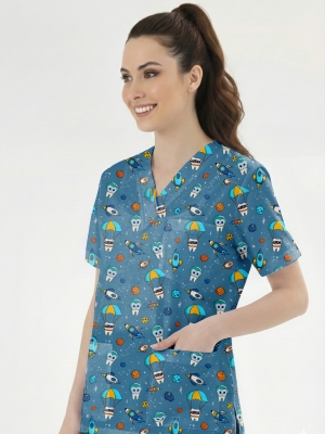 Astronot Dişler Desenli Tek Üst (Cotton Likra Kumaş)