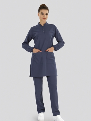 Patriot Blue Tesettür Hakim Yaka Doktor Hemşire Medikal Scrubs Takım Lüks Likralı Kumaş