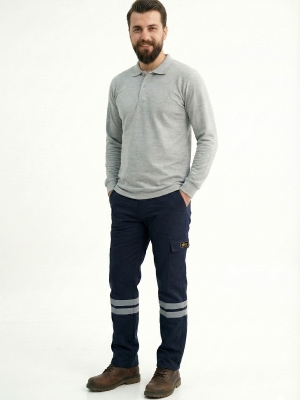 Gri Melanj Polo Yaka Uzun Kol İş Sweatshirtü Penye Lacoste Kumaş