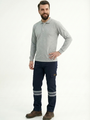 Gri Melanj Polo Yaka Uzun Kol İş Sweatshirtü Penye Lacoste Kumaş