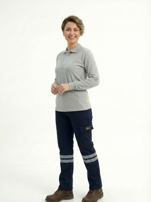 Gri Melanj Polo Yaka Uzun Kol İş Sweatshirtü Penye Lacoste Kumaş