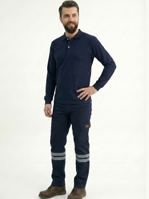 Lacivert Polo Yaka Uzun Kol İş Sweatshirtü Penye Lacoste Kumaş