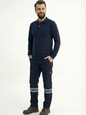 Lacivert Polo Yaka Uzun Kol İş Sweatshirtü Penye Lacoste Kumaş