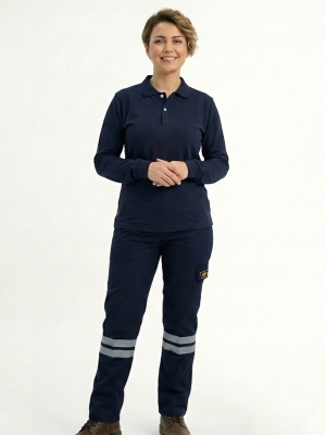 Lacivert Polo Yaka Uzun Kol İş Sweatshirtü Penye Lacoste Kumaş