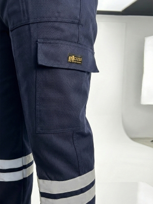 Lacivert 3 Cm Çift Sıra Reflektörlü Likralı Gabardin Kumaş İş Pantolonu