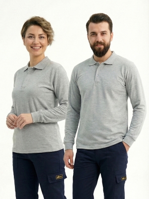Gri Melanj Polo Yaka Uzun Kol İş Sweatshirtü Penye Lacoste Kumaş