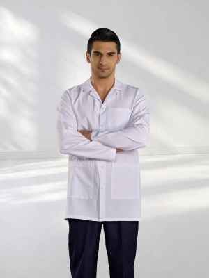 Beyaz Klasik Yaka Erkek Laboratuvar Önlüğü Alpaka Kumaş