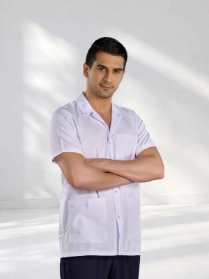 Beyaz Erkek Klasik Yaka Kısa Kol Önlük Alpaka Kumaş