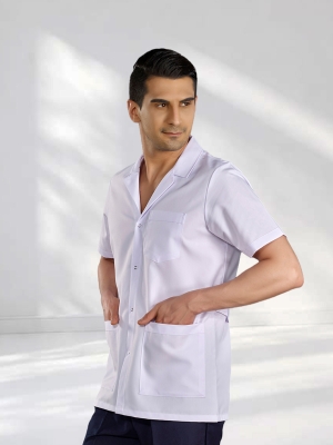 Beyaz Erkek Klasik Yaka Kısa Kol Önlük Alpaka Kumaş