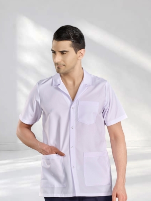 Beyaz Erkek Klasik Yaka Kısa Kol Önlük Alpaka Kumaş