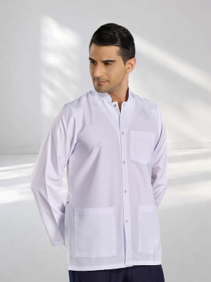 Beyaz Erkek Hakim Yaka Laboratuvar Önlüğü Alpaka Kumaş