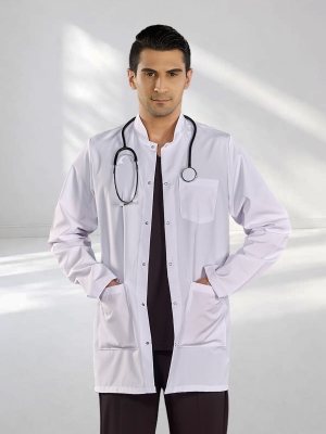 Beyaz Erkek Hakim Yaka Laboratuvar Önlüğü Alpaka Kumaş