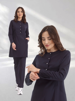 Темно-синий Медицинский Костюм для Хиджаба с Круглым Вырезом и Молниями Ткань Люкс Лайкра