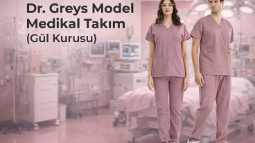 Dr. Greys Model Medikal Takım (Gül Kurusu) | Lüks Likralı Scrubs – Çizgi Medikal